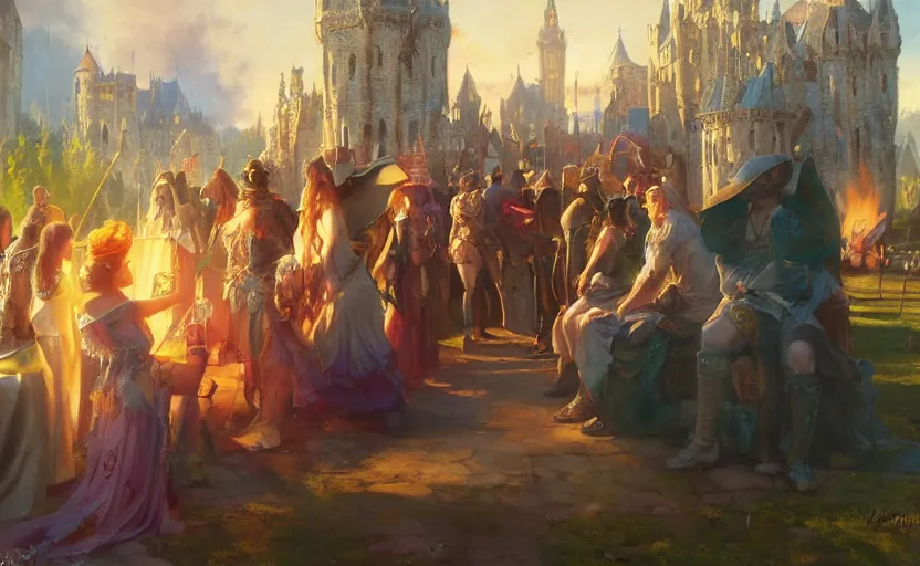 Prompt: sunny medieval festival by kev walker and noah bradley and vladimir volegov and delphin enjolras and daniel f. gerhartz