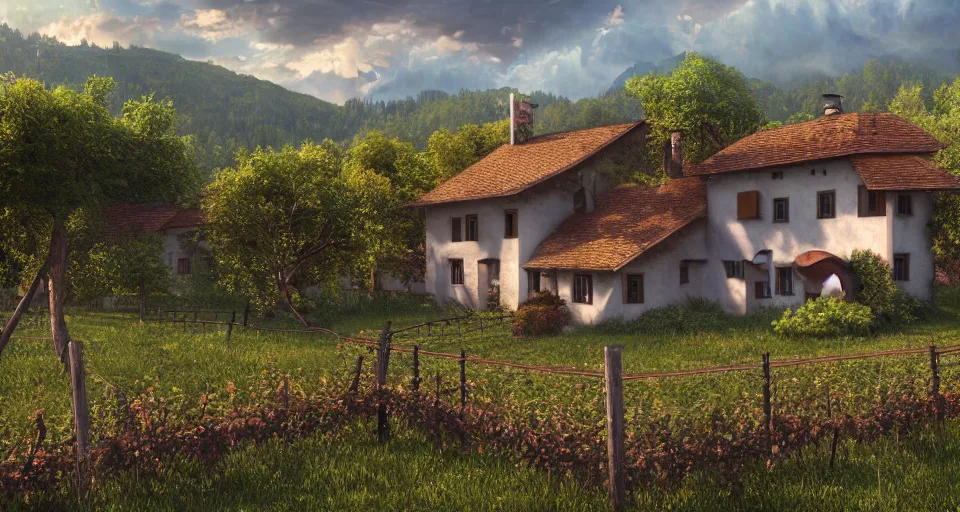 Prompt: A beautiful hyper realistic ultra detailed lifelike matte painting of traditional austrian house in a vineyard, unreal engine, deviantart, flickr, artstation, octane render, textured, colorful, extreme realistic detail, physically based rendering, pbr render, very detailed, volumetric lighting, detailed lighting, octane render, 4k, cinematic lighting, 8k resolution