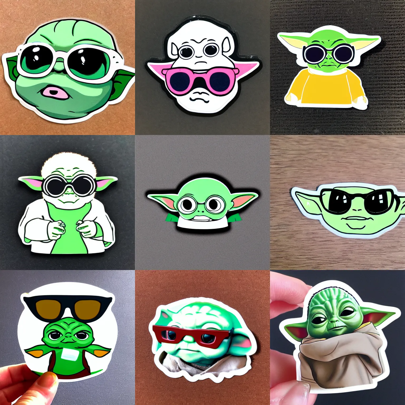 Prompt: Sticker of baby yoda with white acne studios mustang glasses on, page scan, sticker