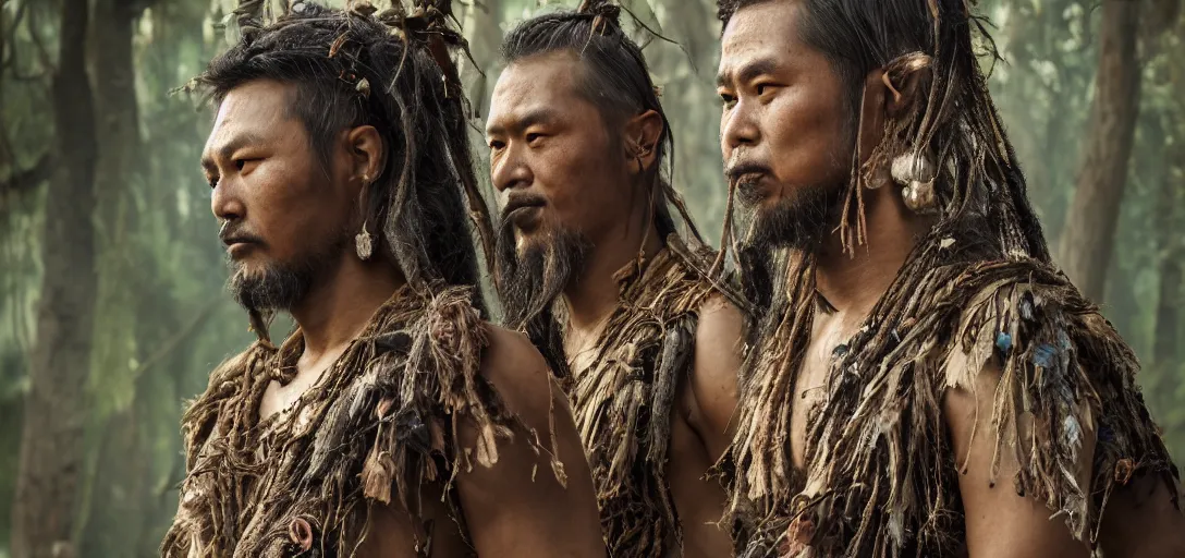 Prompt: matte close - up portrait of beautiful tai warlords who assemble in the forest backlighting, ethnic costume, traditional decoration, elegant, loin cloth, highly detailed, 8 k, cinematic lighting, global illumination, ornate, super detailed, faded color polaroid, a colorized photo, colorized, # film, movie still