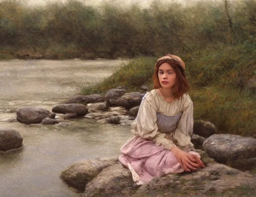 Image similar to peasant girl sitting on a stone by a shore of river, cottage core, cinematic focus, polaroid photo bleached vintage pastel colors high - key lighting, soft lights, foggy, by steve hanks, by lisa yuskavage, by serov valentin, by tarkovsky, 8 k render, detailed, oil on canvas