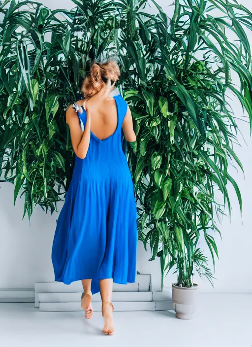 Image similar to woman dancing in a marine blue summer dress, fashion magazine, indoor plants in the background, elegant, photorealistic camera shot, studio lighting, crisp quality and light reflections