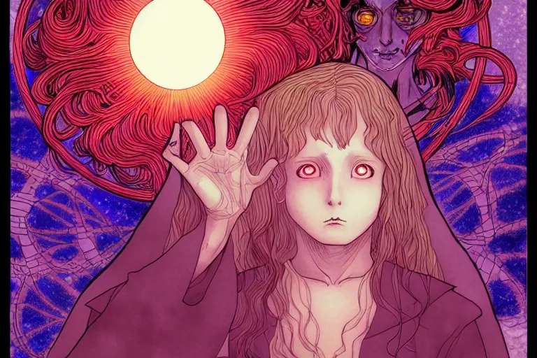 Image similar to digital illustration of a child summoning an occult spectral demon, in the style of moebius, ayami kojima, 9 0's anime, retro fantasy