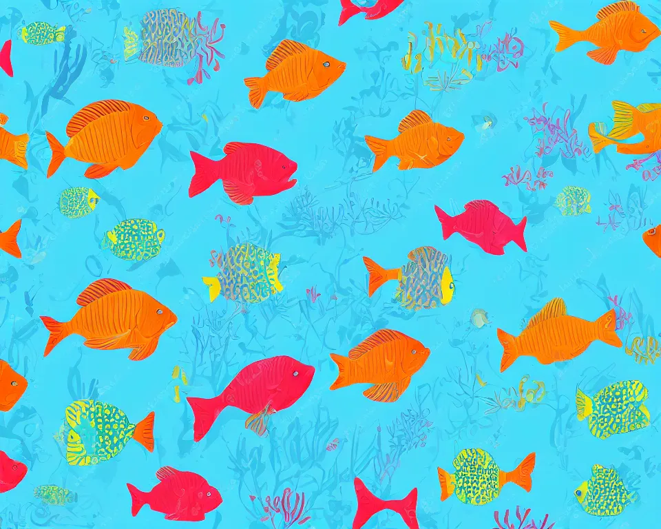 Prompt: wallpaper with tropical fish on baby blue background. illustrated, flat, rich color, textbook.