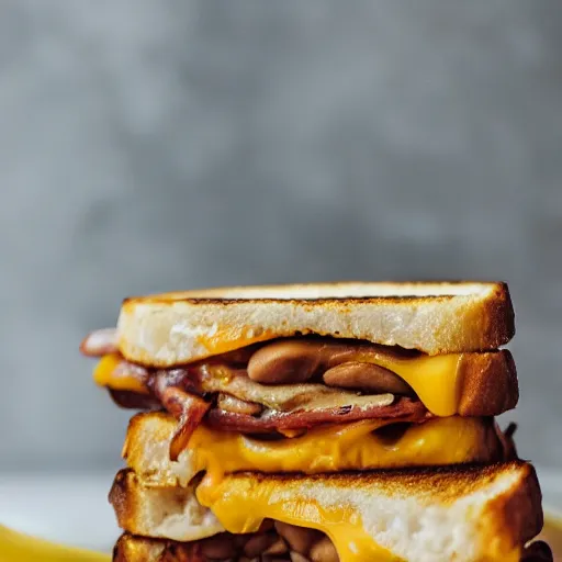 Prompt: a 5 0 mm macro shot of a banana and bean grilled cheese sandwich