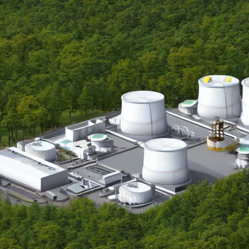 Prompt: Clean modular nuclear power plant in a pleasant urban setting with playing families nearby, surrounded by trees, studio ghibli, ultra hd