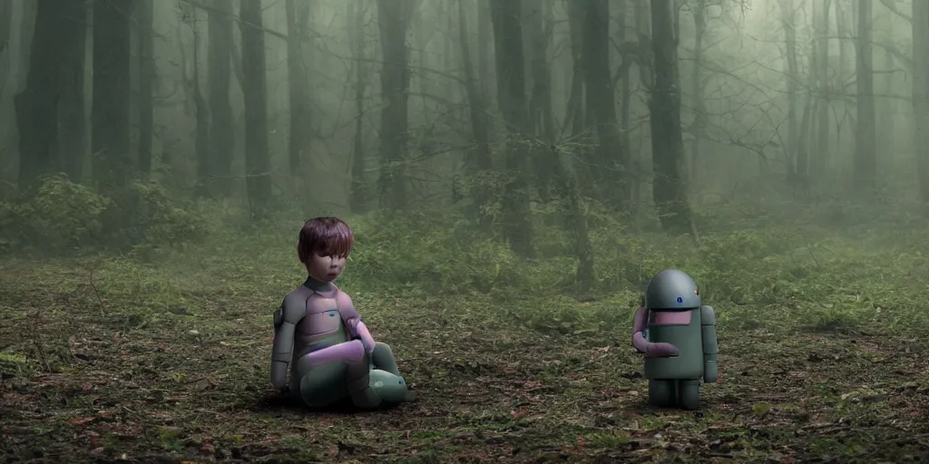 Prompt: child android abandoned in a forest, in the style of blade runner 2049