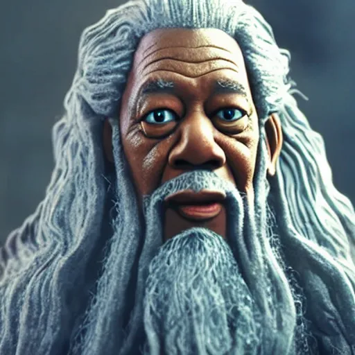 Image similar to morgan freeman starring as gandalf in lord of the rings, claymation, 8 k, hyperdetalied, cgsociety