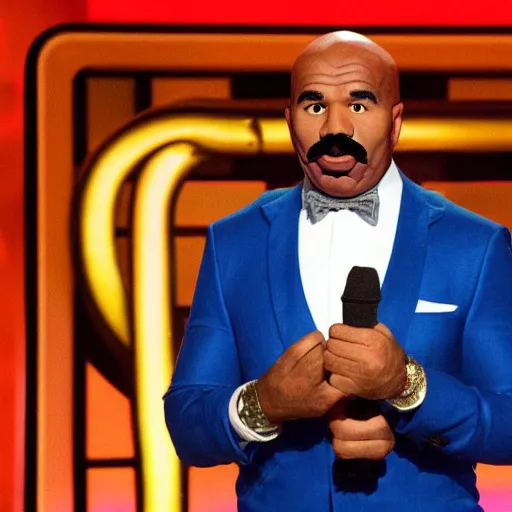 Image similar to steve harvey with horrifying tentacle arms and snake moustache, hosting family feud