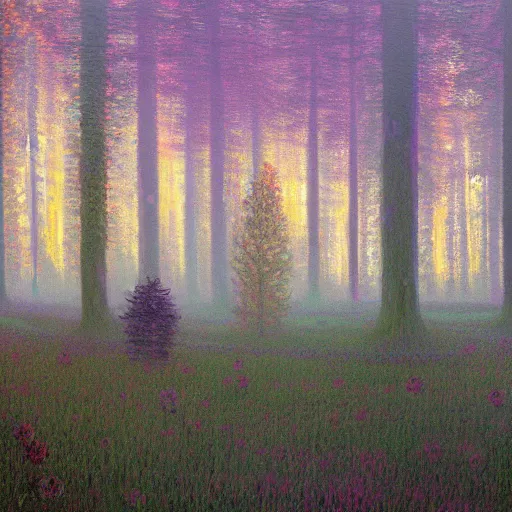 Image similar to A magical forest by Simon Stålenhag and Claude Monet