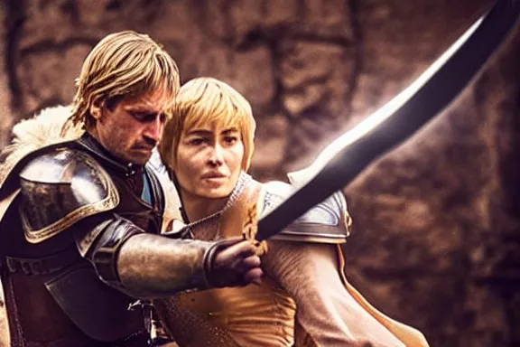 Image similar to very very intricate photorealistic photo of jaime lannister fighting cersei, photo is in focus with detailed atmospheric lighting, award - winning details