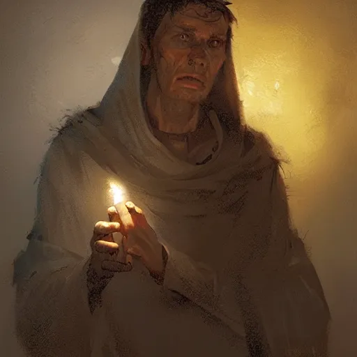 Image similar to Portrait painting of a medieval christian by his hands by greg rutkowski and Craig Mullins, Dark atmospheric and cinematic lighting