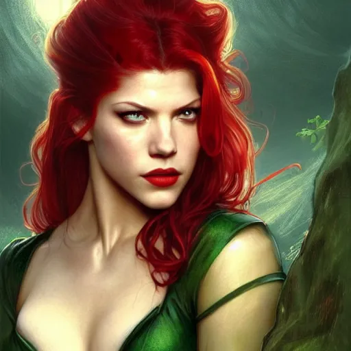 Prompt: beautiful Katheryn Winnick with red hair and a green gem on her forehead and dark red lips, closeup, D&D, fantasy, elegant, highly detailed, digital painting, artstation, concept art, matte, sharp focus, illustration, art by Artgerm and Greg Rutkowski and Alphonse Mucha