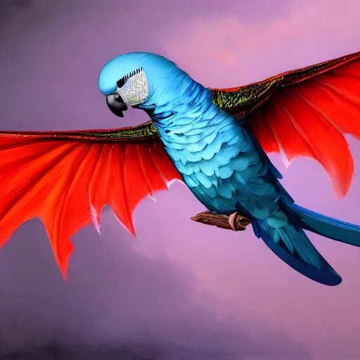 Prompt: an oil painting of a blue budgie with red dragon wings, hd, hdr, ue 5, ue 6, unreal engine 5, cinematic 4 k wallpaper, 8 k, ultra detailed, high resolution, artstation, award winning