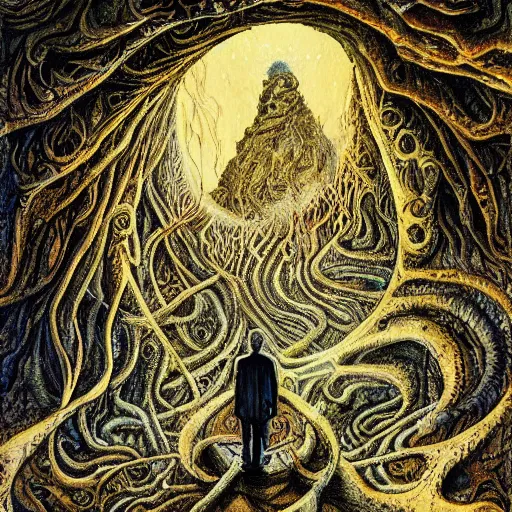 Image similar to a painting of a man standing in front of a cave, a surrealist painting by ian miller, deviantart, psychedelic art, lovecraftian, cosmic horror, poster art