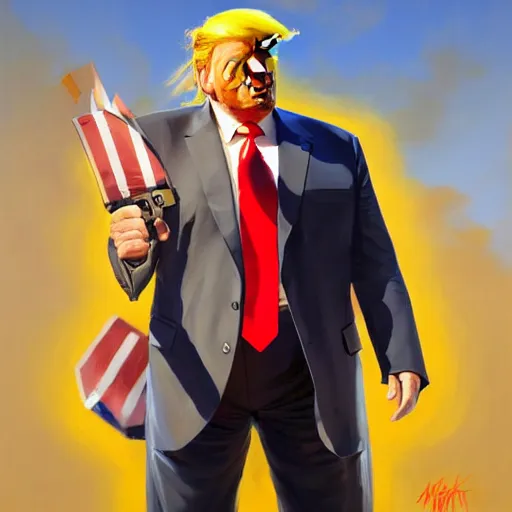 Prompt: greg manchess portrait painting of donald trump as overwatch character, medium shot, asymmetrical, profile picture, organic painting, sunny day, matte painting, bold shapes, hard edges, street art, trending on artstation, by huang guangjian and gil elvgren and sachin teng