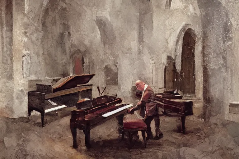 Image similar to an expressive portrait of agent 4 7 playing the piano in a monastery, dark background, red rim light, digital art, artstation, concept art by giger stalenhag