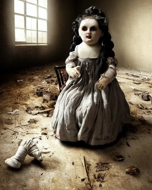 Image similar to portrait of a creepy angry scary antique filthy porcelain doll with black eyes wearing a dirty dress, with long black hair sitting in a rocking chair, next to a child’s bed in a dimly lit filthy room in an abandoned old asylum at night, 8k octane render, cinematic, dramatic lighting, volumetric lighting, Craig Mullins, Duane Hanson , Richard Estes, Arney Fretag, vintage photo, 1890