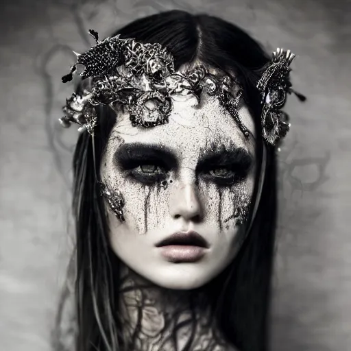Image similar to a beautiful portrait of female by stefan geselle and nekro borja, photorealistic, intricate details, hyper realistic, dark fantasy, ornate headpiece, dark beauty, photorealistic, canon r 3, photography, wide shot, photography, dark beauty, fashion