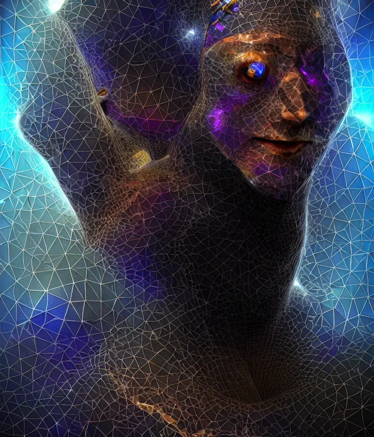 Image similar to front!!! shot of a court jester!!! character, mesmerizing fractal hypercubes, platinum cracked, dark holography!!!, future, metallic galactic, crystalline edges, polygonal, elegant, highly detailed, centered, (((artstation, concept art, jagged, sharp focus, artgerm, Tomasz Alen Kopera, Peter Mohrbacher, donato giancola, Joseph Christian Leyendecker, WLOP, Boris Vallejo))), ((raytracing)), mugshot!!!!!, ugly!!!!!!, octane render, nvidia raytracing demo, octane render, nvidia raytracing demo, octane render, nvidia raytracing demo, 8K, cinematic, masterpiece