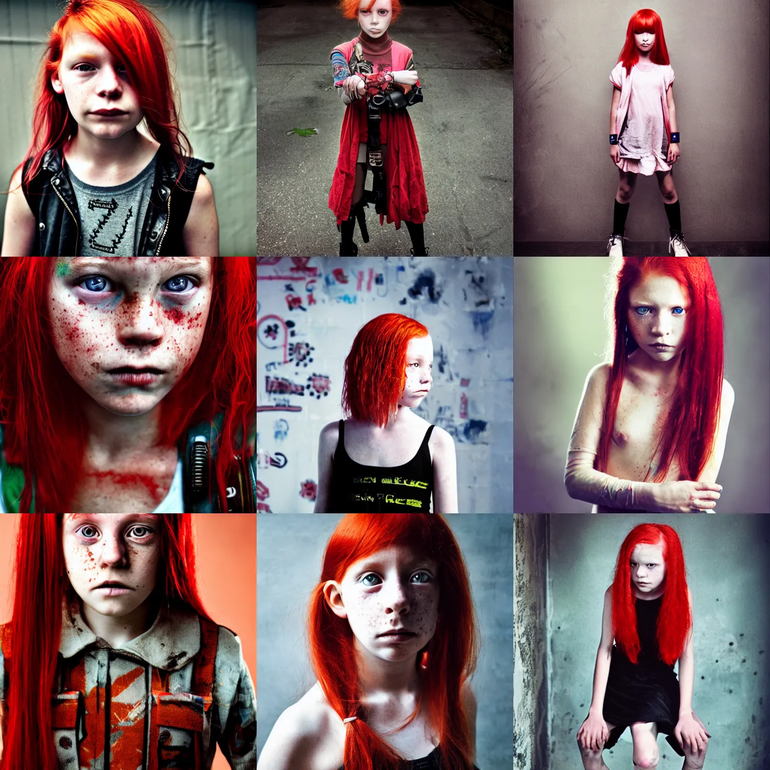 Prompt: photo of a ten year old girl in cyberpunk fashion taken by annie leibovitz, cyberpunk, red hair, freckles