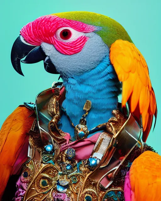Image similar to natural light, soft focus portrait of a cyberpunk anthropomorphic parrot with soft synthetic pink skin, blue bioluminescent plastics, smooth shiny metal, elaborate ornate head piece, skin textures, by annie leibovitz, paul lehr