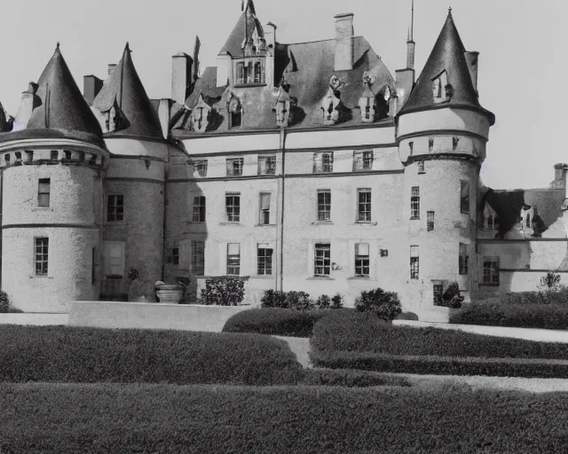 Image similar to old black-and-white photograph of a French castle constructed with lego bricks