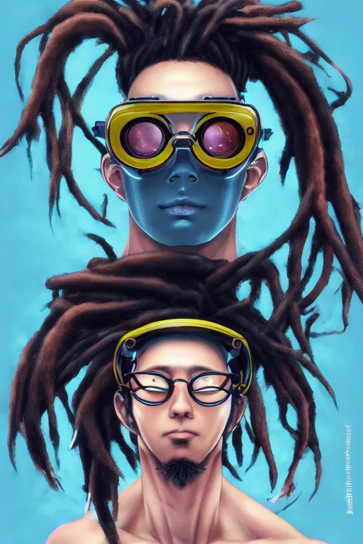 Image similar to portrait of an anime manga guy with dreads and goggles, straight on portrait, by artgerm, james jean, tom bagshaw, gerald brom, vaporwave colors, lofi colors, vaporwave, lofi, goth vibe, 4 k, smooth, hd, substance designer render, full body character concept art, symmetrical,
