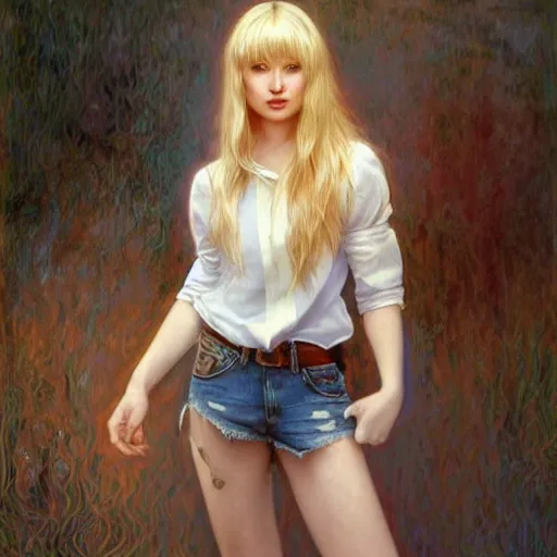 Image similar to A young woman with blonde long hair and bangs in shorts and white shirt drawn by Donato Giancola and Artgerm, face by Adam Hughes, Light by Julie Bell, design by alphonse mucha, background by James Jean and gustav klimt and John Marshall Gamble, 4k, volumetric lighting, french nouveau, trending on artstation, octane render, hyperrealistic