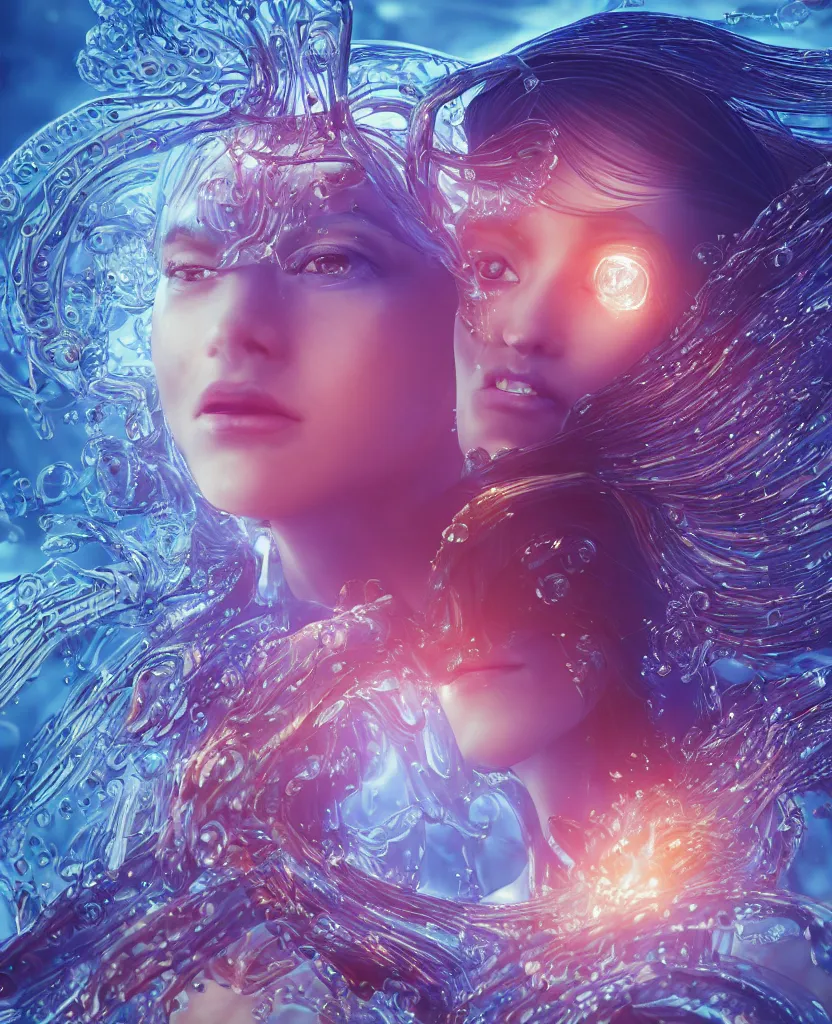 Image similar to close-up macro portrait of the face of a beautiful princess, epic angle and pose, symmetrical artwork, 3d with depth of field, blurred background, cybernetic jellyfish female face skull phoenix bird, translucent, nautilus, energy flows of water and fire. a highly detailed epic cinematic concept art CG render. made in Maya, Blender and Photoshop, octane render, excellent composition, cinematic dystopian brutalist atmosphere, dynamic dramatic cinematic lighting, aesthetic, very inspirational, arthouse. y Greg Rutkowski, Ilya Kuvshinov, WLOP, Stanley Artgerm Lau, Ruan Jia and Fenghua Zhong