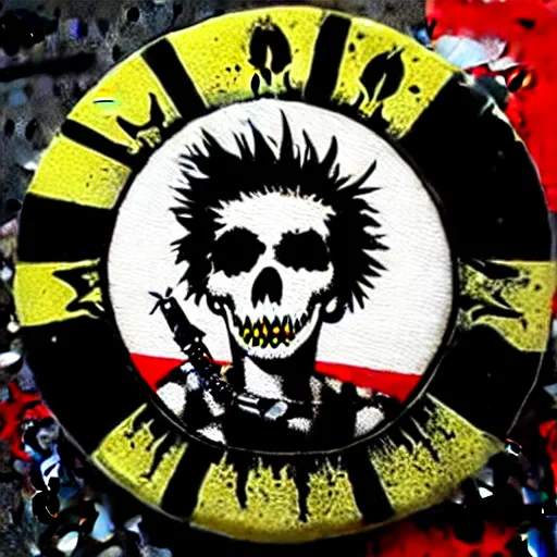 Image similar to painting on a badge!!!!, punks not dead!, exploited!!, clash, junk yard, rats!!, god save the queen!!!, punk rock album cover art style, grunge, no future!!!!, glitch effect