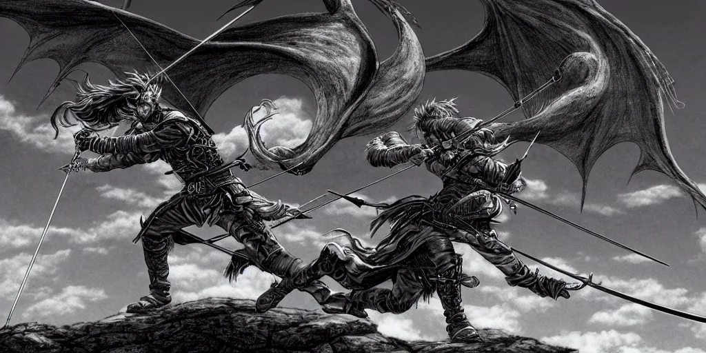 Image similar to korean archer. dragon. night sky. moon. mountain. dark fantasy. high resolution. epic fight. detailed. digital art. by kentaro miura