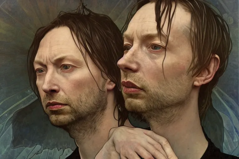 Image similar to hyper realistic portrait of ( thom ) ( yorke ) ( radiohead ) singer songwriter, side, liminal space, by lee bermejo, alphonse mucha and greg rutkowski