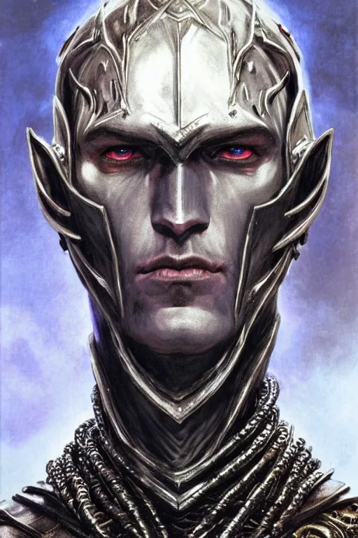 Image similar to head and shoulders portrait of an eldritch knight, drow, dark elf, shadar kai, male, breastplate, magical, high fantasy, d & d, by donato giancola, face details, extremely detailed, vogue fashion photo
