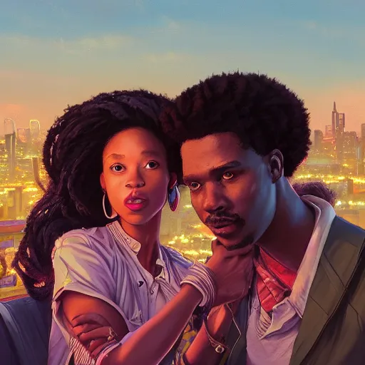 Image similar to highly detailed portrait of a black couple on the rooftop, synthwave city, stephen bliss, unreal engine, fantasy art by greg rutkowski, loish, rhads, ferdinand knab, makoto shinkai and lois van baarle, ilya kuvshinov, rossdraws, tom bagshaw, global illumination, radiant light, detailed and intricate environment