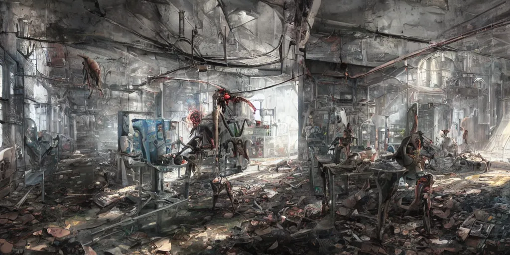 Image similar to Inside of an abandoned toy factory with running furry human-sized scary toys, dramatic, interior, artstation, horror game, digital art made by Stanley Artgerm Lau, WLOP, Rossdraws, James Jean, Andrei Riabovitchev, Marc Simonetti, Yoshitaka Amano, ArtStation, CGSociety