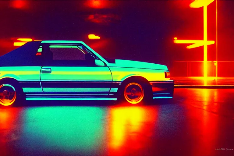 Image similar to stylized poster of a single 1 9 8 8 soarer, thick neon lights, ektachrome photograph, volumetric lighting, f 8 aperture, cinematic eastman 5 3 8 4 film