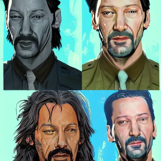 Image similar to keanu reevez in the art style of disco elysium