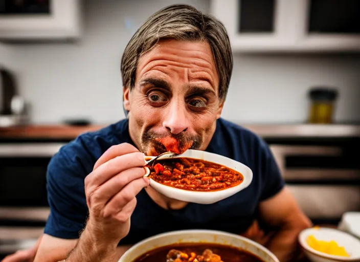 Prompt: photo of chris as tony danza eating chili, 8 k, 8 5 mm f 5. 6