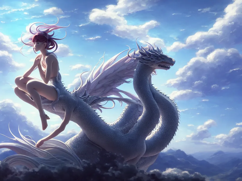 Prompt: a vast scene, panorama distant view, hyper detailed scene render of a beautiful girl sit on a huge silver dragon back, in the white clouds fairyland, finely detailed angelic face, style of makoto shinkai, xision, james jean and peter mohrbacher, studio ghibli, artgerm, karol bak, beeple, 4 k hd, animation style