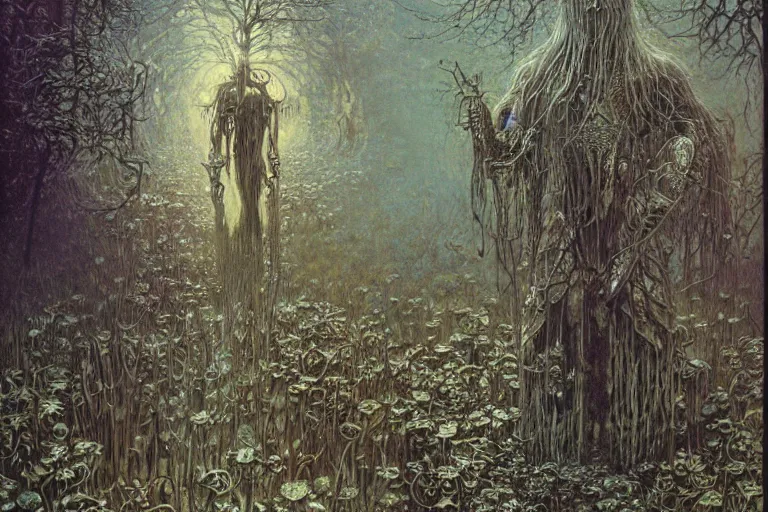 Image similar to knight in enchanted lovecraftian garden by jean delville, luis royo, beksinski, grimshaw