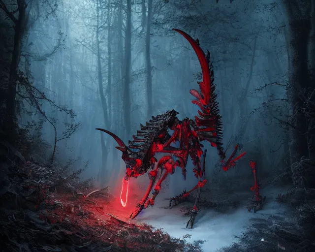 Prompt: 5 5 mm portrait photo of an armored demonic rat skeleton with horns and red eyes, in a magical forest. magical atmosphere. art by greg rutkowski. highly detailed 8 k. intricate. lifelike. soft light. nikon d 8 5 0.