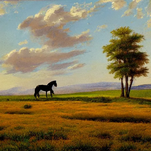 Prompt: a horse in the middle distance facing left. grass in the foreground. the scene is detailed and beautiful. the painting uses a limited palette of colors, which are applied in a direct and expressive manner. the composition is rhythmic.