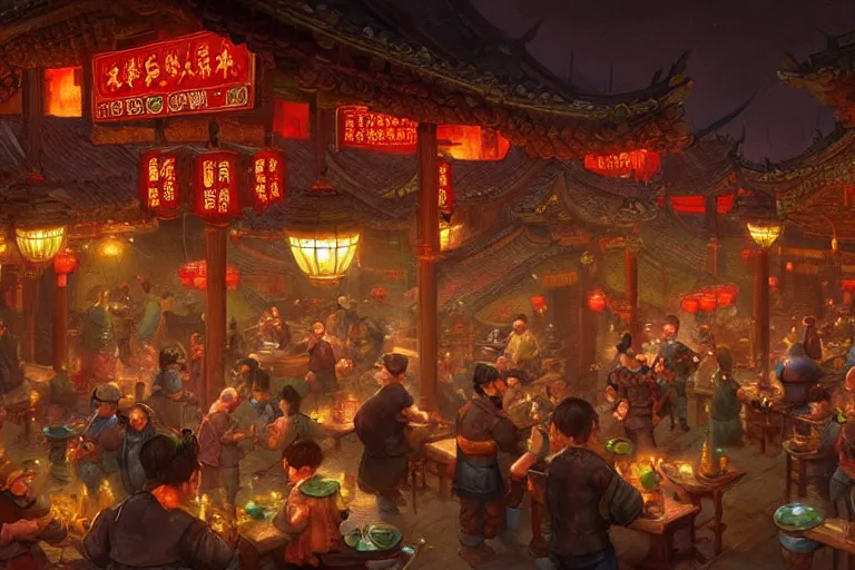 Prompt: fantasy art of a bustling tavern in china, at night, by justin gerard, highly detailed digital art, trending on artstation