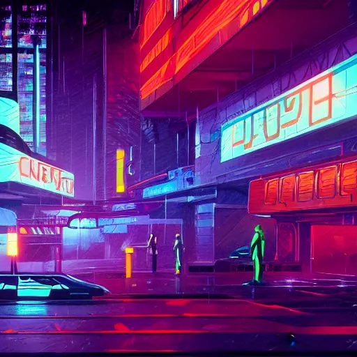 Prompt: cyber punk, futuristic, neo Tokyo, blade runner city concept art, in the style of Syd Mead, award winning illustration, neon lights, raining