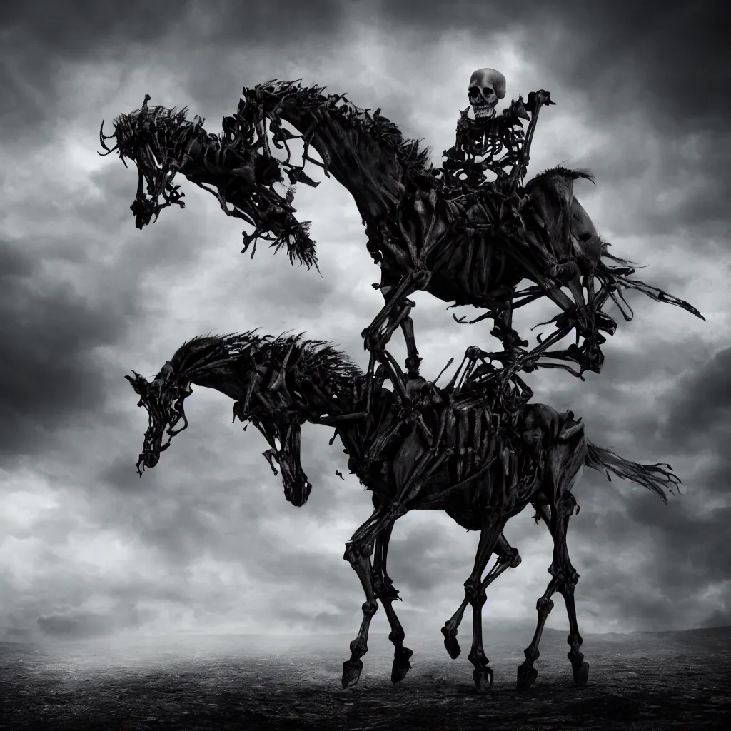 Image similar to a skeleton on a horse in the abyss, dark and mysterious, stopped in time, atmospheric, ominous, eerie, cinematic, epic, 8 k, 4 k, ultra detail, ultra realistic