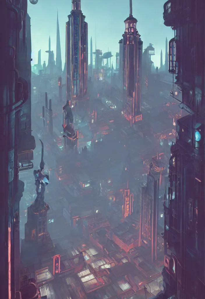 Image similar to a concept art painting of art deco bioshock style city with a woman with back to camera looking out of a window by tuomas korpi, pablo carpio, gilles beloeil, cedric peyravernay, 1 9 6 0's, trending on artstation, highly detailed, atmospheric, directional lighting, cinematic