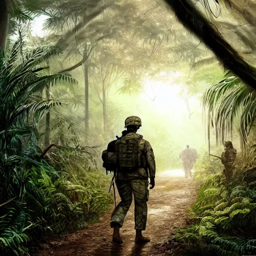 Prompt: Painting of an American soldiers walking through the dense jungles of Vietnam, dim lighting, god rays, trending on artstation, incredibly high detail, 4k resolution, shadows