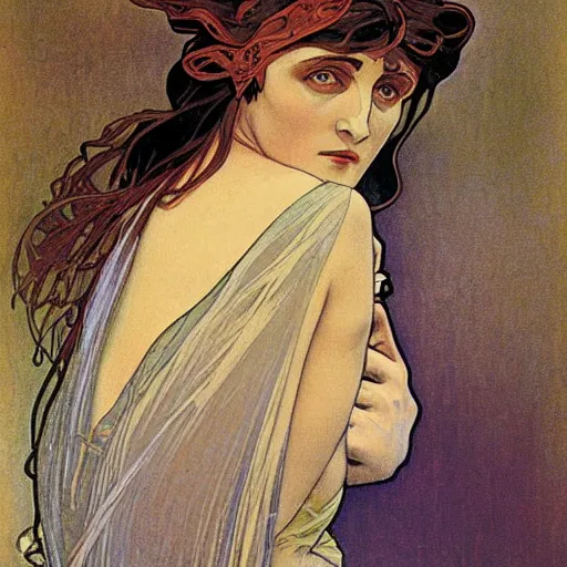 Image similar to pale woman, angry, painted by alphonse mucha