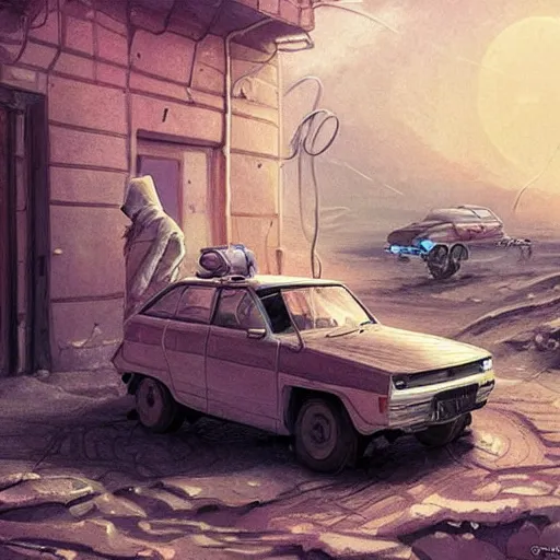 Prompt: pfuturistic lada car on the street of a Russian sleeping quarters on the moon, Norilsk, sci-fi, fantasy, intricate, very very beautiful, elegant, highly detailed, digital painting, artstation, concept art, smooth, sharp focus, illustration, art by artgerm and greg rutkowski and alphonse mucha